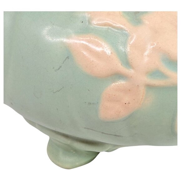Vintage Weller Pottery Cameo Rose Green Bowl Planter Ceramic Footed White Floral - Picture 7 of 10